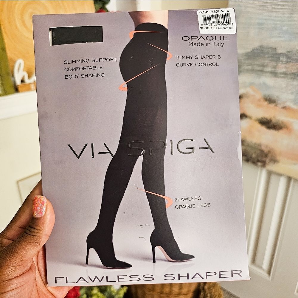 New Via Spiga Control Top Sz C Pantyhose OPAQUA Black  Flawless Shaper.